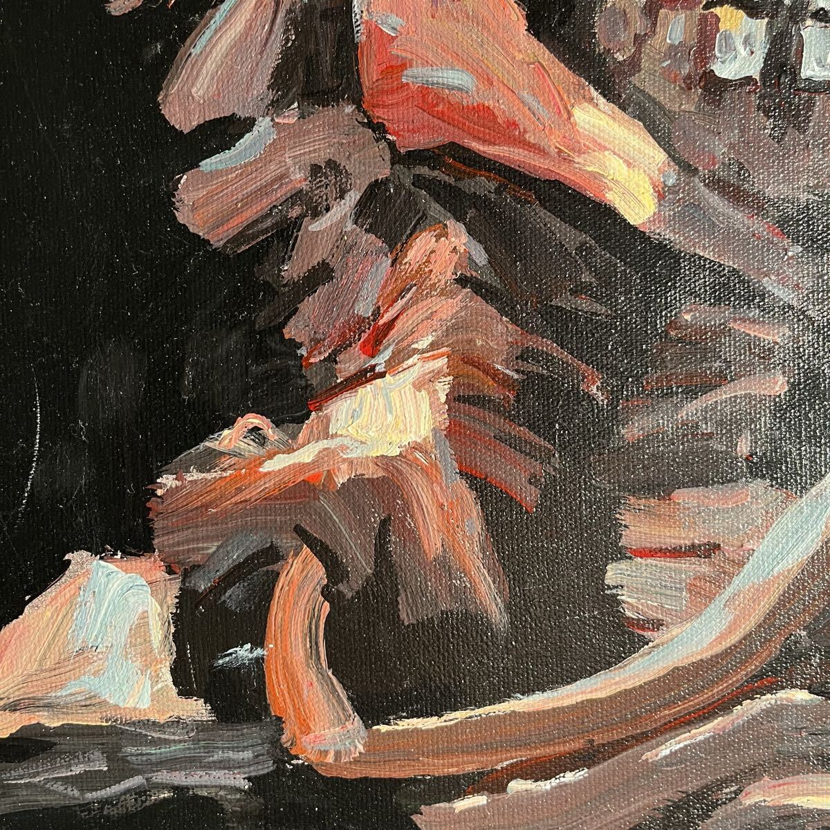 秀作 手書き油絵 ゴッホ タバコを咥えた骸骨 額付き 絵画 インテリア