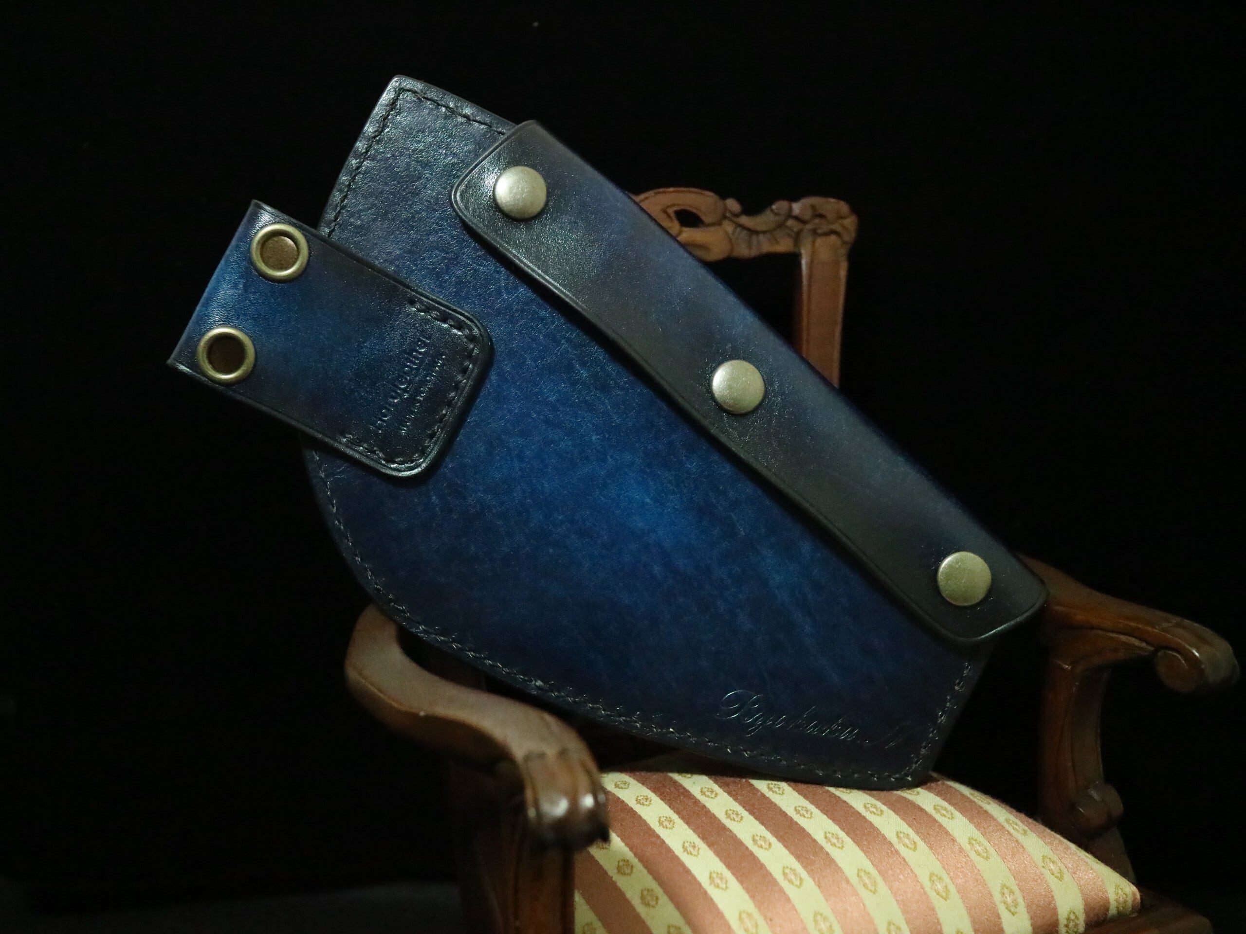 本革高級シザーケース 5丁差し 手染め ブルーアンティーク サイズ