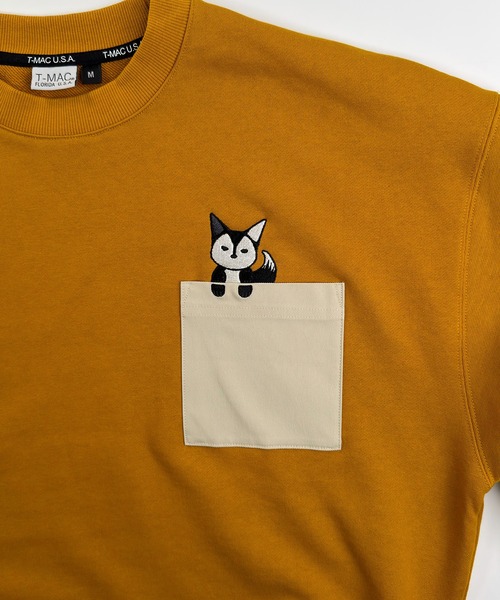 T-MAC キツネのぞき刺繍 オーバーサイズ 裏毛スウェット クルー