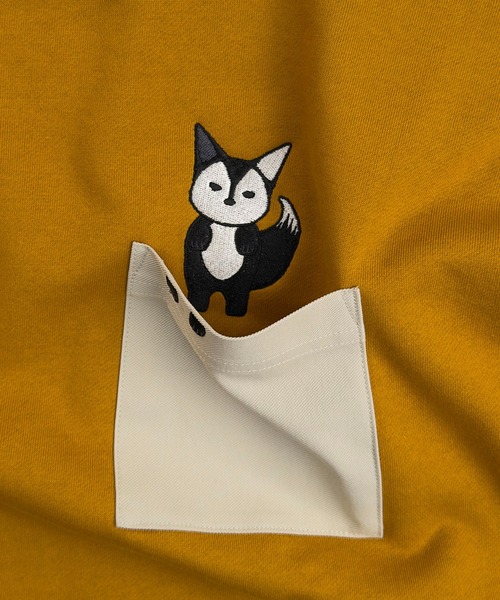 T-MAC キツネのぞき刺繍 オーバーサイズ 裏毛スウェット クルー