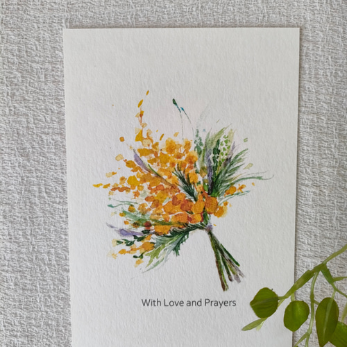 mimosaブーケ水彩画 はがきサイズ 3枚セット ポストカード aru and