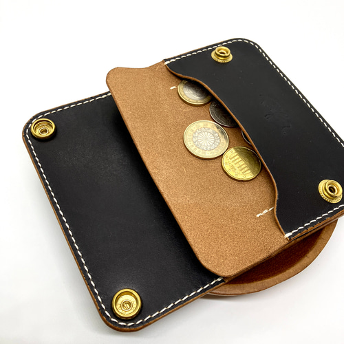 トラッカーウォレット/ショート】国産ヌメ革 茶芯 ブラック 黒 手縫い