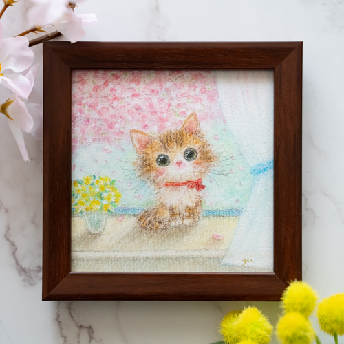 原画・10cmフレーム付き】「春の窓際」 パステルアート ねこ ネコ 猫