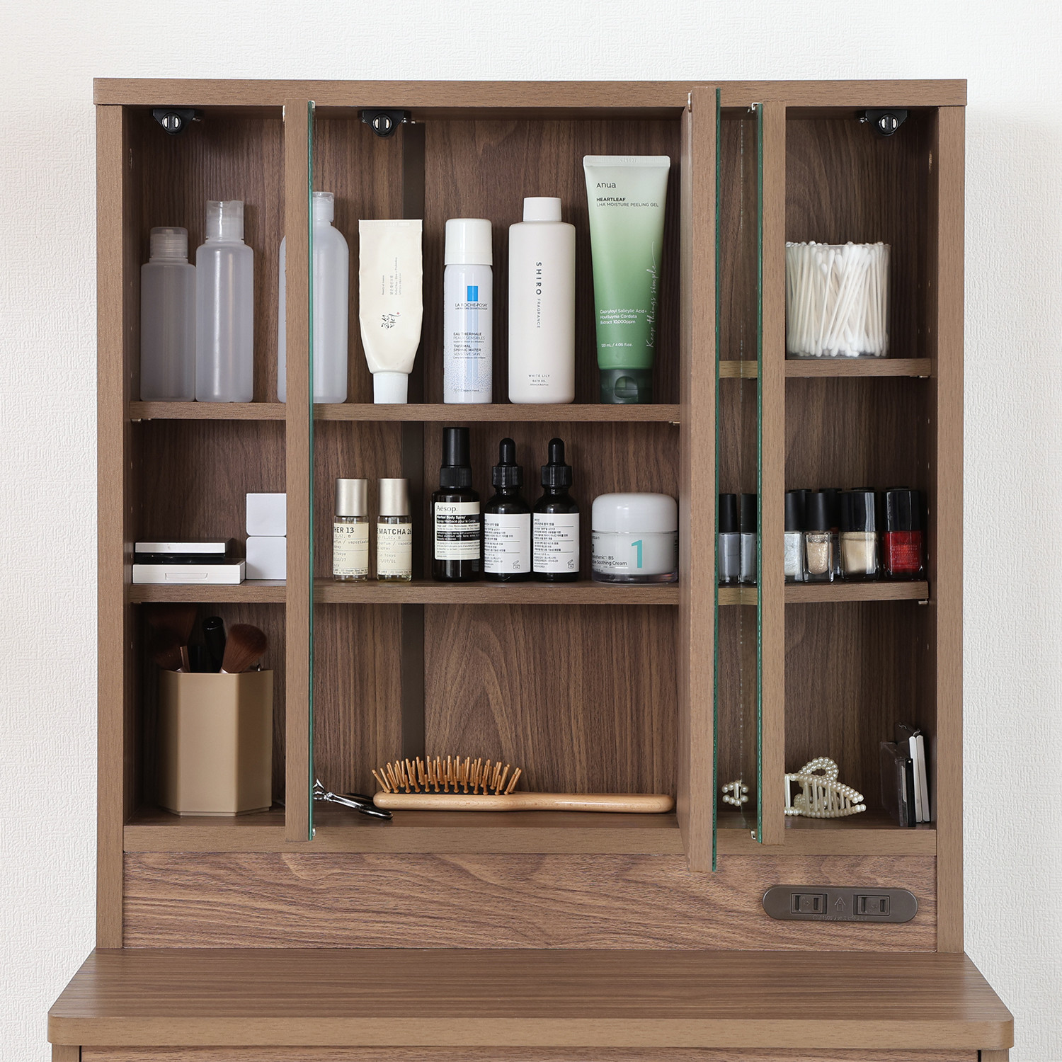 C/D:97786] メルル ドレッサー（三面鏡）スツール付き BR【3D