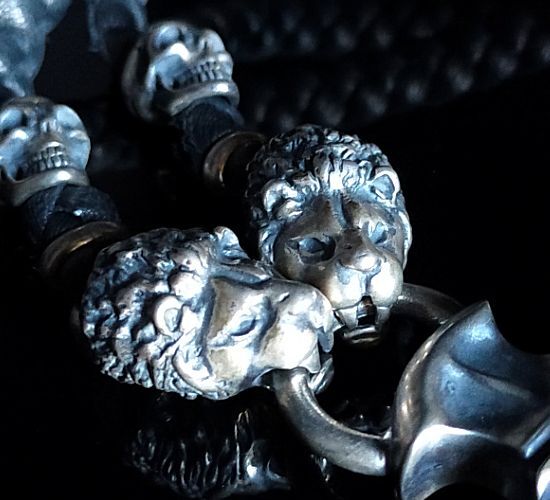 Gaboratory Half Face On Battle-Ax Cross With 2 Lions braid Leather