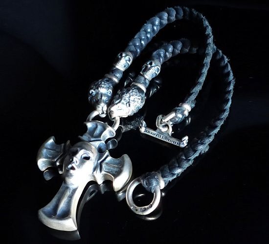 Gaboratory Half Face On Battle-Ax Cross With 2 Lions braid Leather