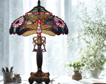 22インチ トンボ、ティファニーランプ、ステンドグラスランプ、デスク