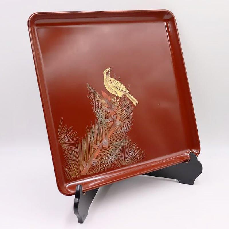 大正時代のアンティーク輪島塗四方盆 松と鳥図