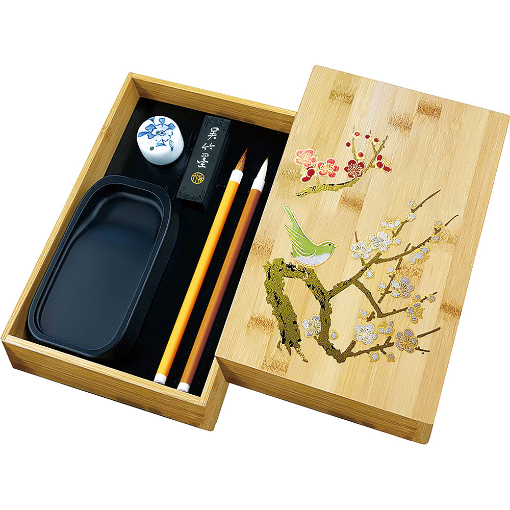 呉竹 硯箱セット 竹製 梅に鶯蒔絵 [クリックポスト対象外商品] 文房具
