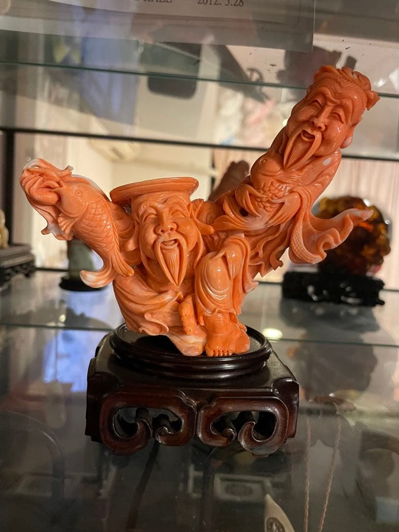 美術品　赤珊瑚　彫刻置物 中国 赤珊瑚彫刻 サンゴ 弁財天像 七福神 置物 唐木台付 G 8383 - メルカリ