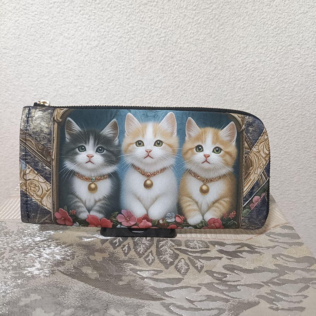 441】猫ちゃんパネル生地 帯 ハンドメイド L字型長財布ファスナー