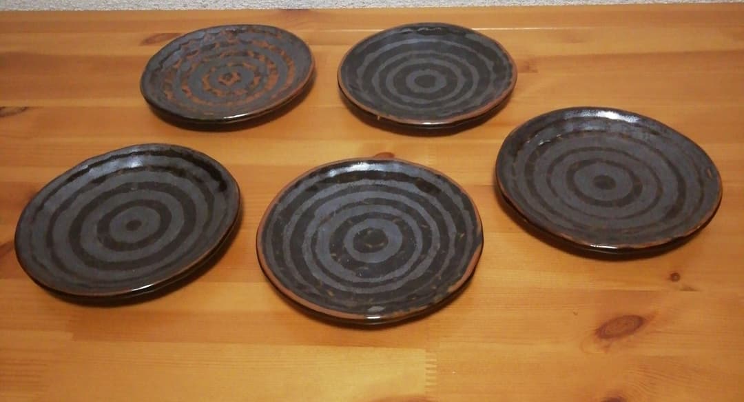 青木龍山作　天目釉　銘々皿　五枚　食器 天目釉彩 水仙 大皿 ※訳あり品！ 作：故 青木龍山（文化勲章受章作家