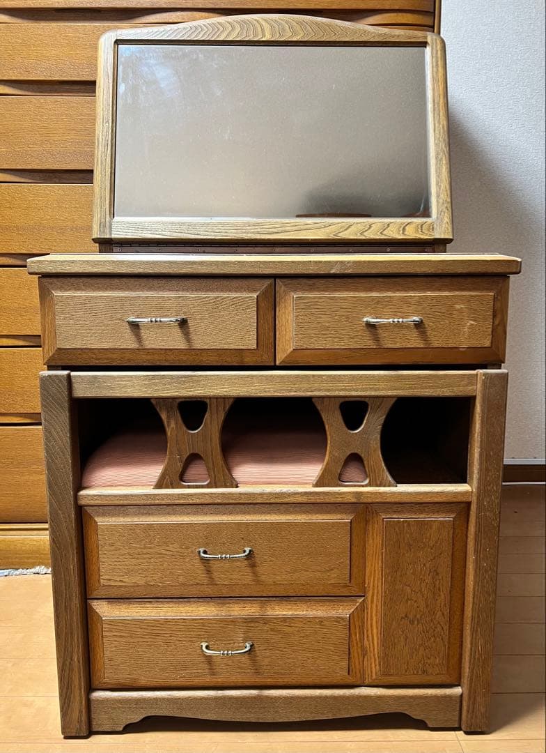木製ドレッサー 鏡台 化粧台 コンセント 開閉式ミラー 収納付椅子セット レトロ 1面ドレッサー 幅60cm コンセント付き 鏡台 ミラー 木製ドレッサー