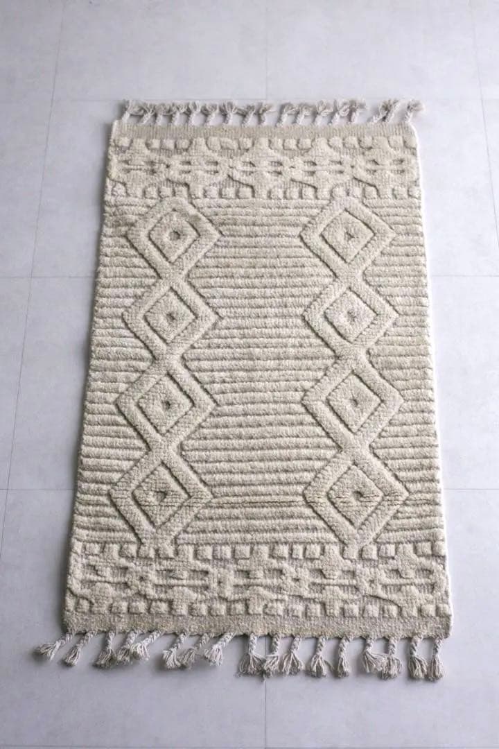 110×62 モロッコ　ベニワレン　新品　ウール　生成り　ホワイト ベニワレン 160x101 (No.508） - &MOROCCO モロッコラグの通販