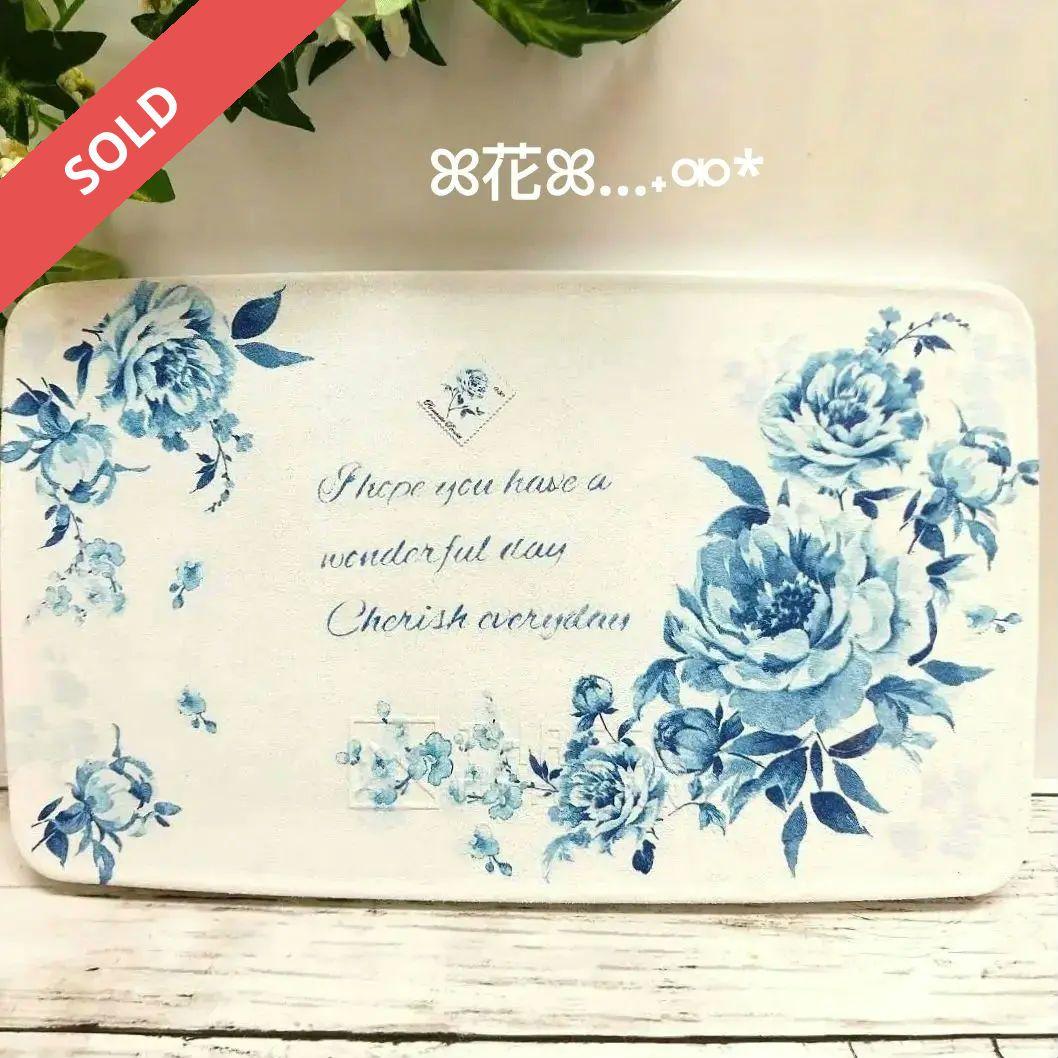 デコパージュ ꔛ‬ꕤ ガーデン雑貨 *折り畳みテーブル*花台*薔薇ブルー*リメ缶 折りたたみテーブル モザイクテーブル ガーデン リゾートホテル 花柄