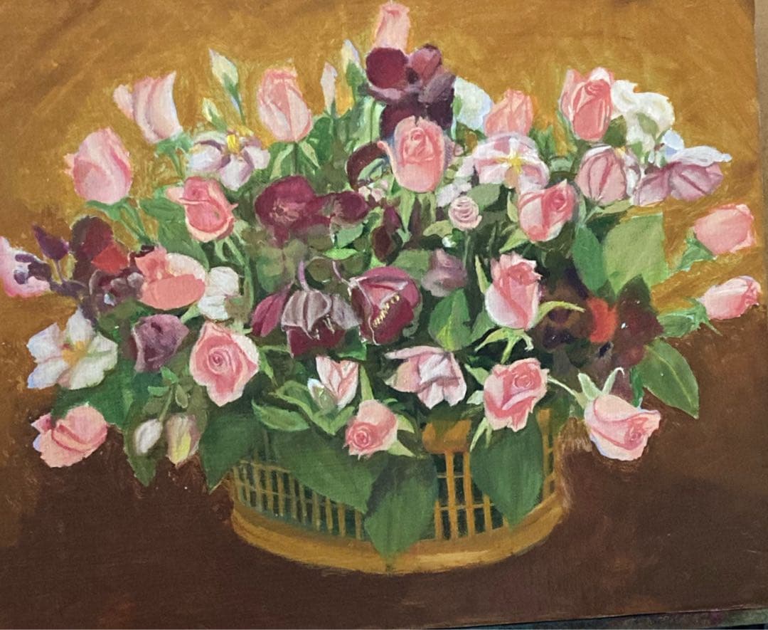 油彩画　「　バラの花籠　」　原画　F6 薔薇・絵・志村好子「花篭」（ピンク）油絵・F4