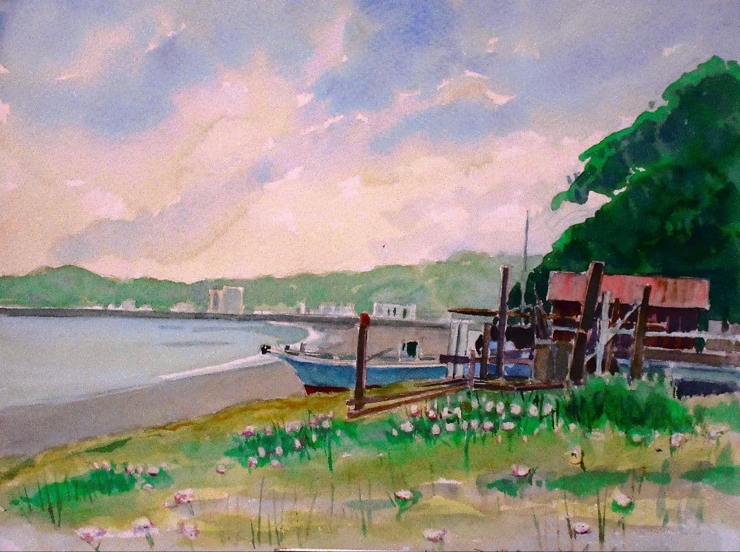 水彩画 海と船の風景 額装済み 原画 Amazon.co.jp: 絵画 水彩海の船の風景ですインテリア 絵画 カラー