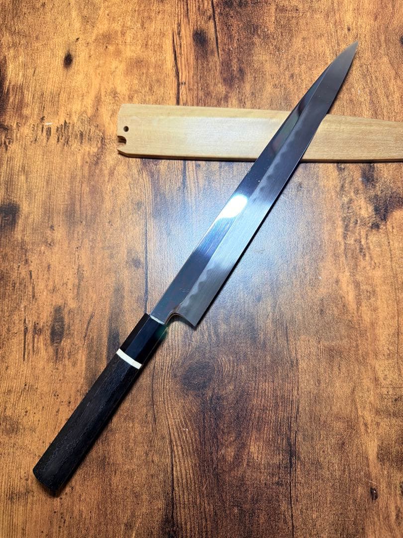 康之　本焼　刺身 柳刃　包丁　尺　鏡面　黒檀水牛八角柄　鞘付き 超希少 康之 柳刃包丁 ふぐ引き包丁 本焼 粉鉄 鏡面仕上げ 黒檀黒水牛
