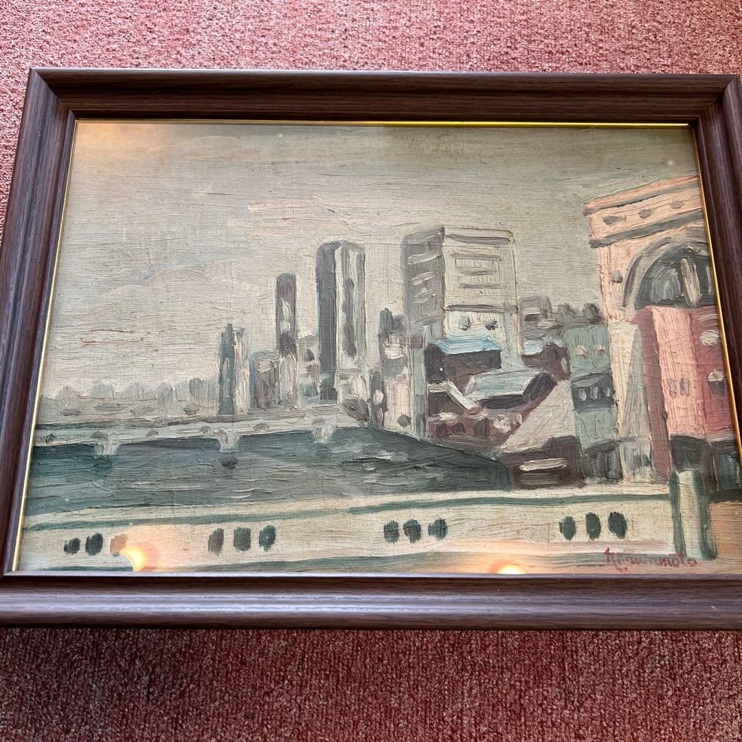 作者不詳　川本？河本？ 油彩画 都市の風景 府川誠「二本の木」肉筆油彩画・色紙サイズ 絵画買取・販売の小竹美術