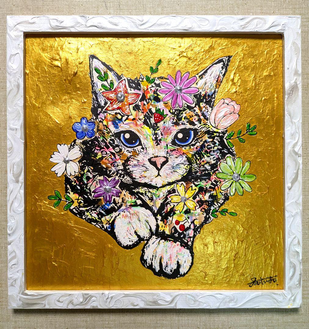 スイカ大サイズ！手作り額付き作品　title「へいお待ち！ニャンコ」 harie-th3-01main.jpg