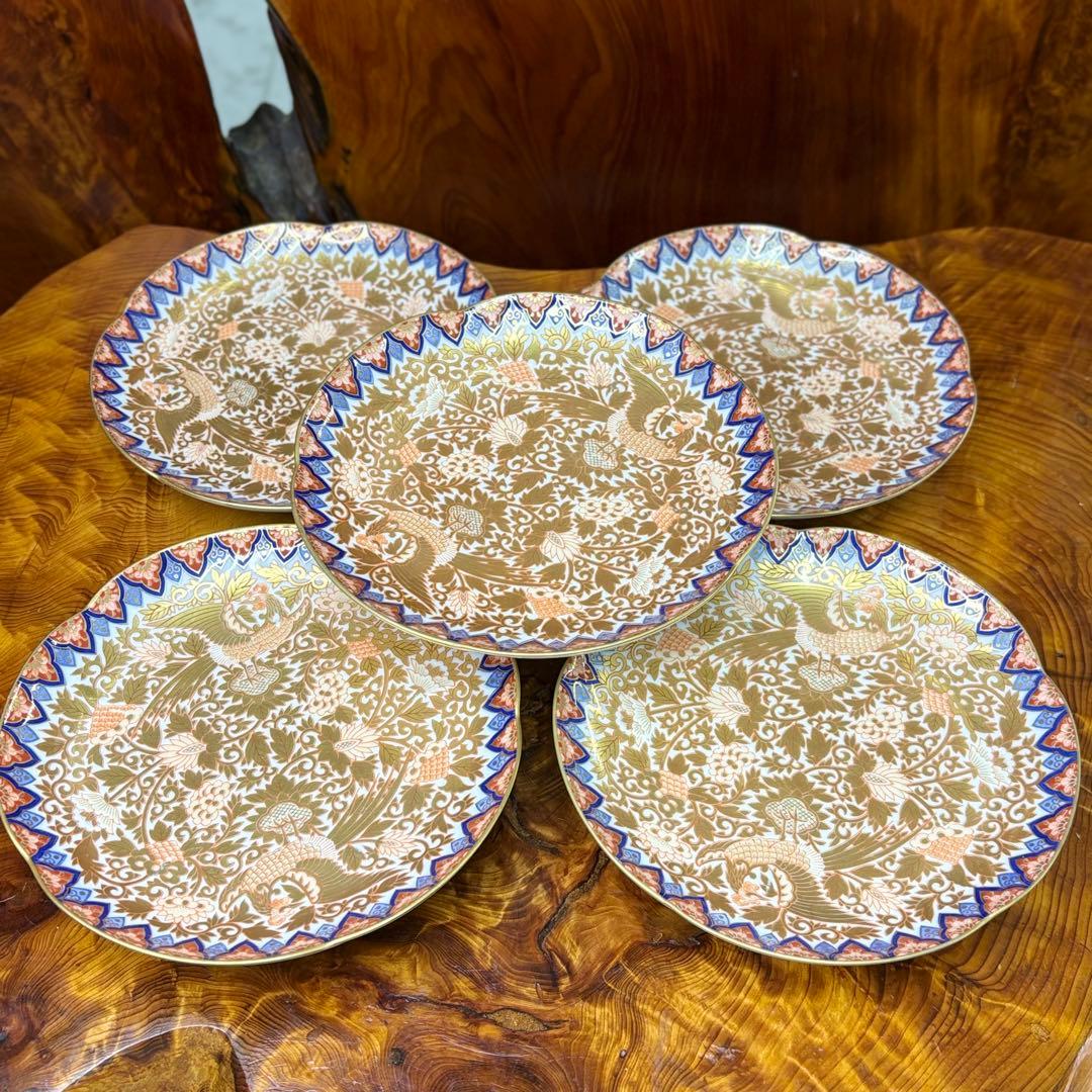 豪華絢爛 其泉作 色絵金彩鳳凰文　取皿 中皿 逸品 5枚 豪華絢爛 其泉作 色絵金彩鳳凰文 三足 盛皿 取皿 1枚 中皿 2枚 逸品